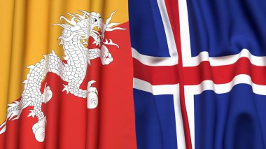 Gerçekçi kumaş dokusuna sahip BHUTAN ve ICELAND bayrakları