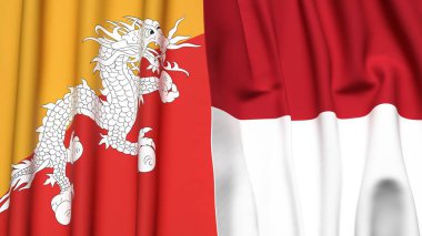 Gerçekçi kumaş dokusuna sahip BHUTAN ve INDONEZYA bayrakları