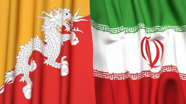 Gerçekçi kumaş dokusuna sahip BHUTAN ve İRAN bayrakları