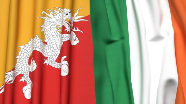 Gerçekçi kumaş dokusuna sahip BHUTAN ve IRELAND bayrakları