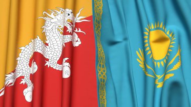 Gerçekçi kumaş dokusuna sahip BHUTAN ve KAZAKHSTAN bayrakları