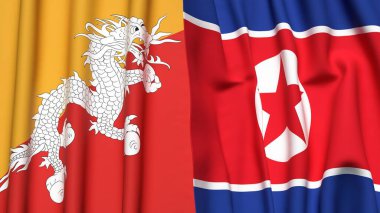 BHUTAN ve KOREA Kuzey Bayrakları gerçekçi kumaş dokusuyla