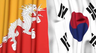 BHUTAN Bayrakları ve KOREA GÜNEY Gerçekçi kumaş dokusuyla
