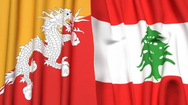 Gerçekçi kumaş dokusuna sahip BHUTAN ve LEBANON bayrakları
