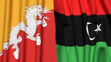 Gerçekçi kumaş dokusuna sahip BHUTAN ve LIBYA bayrakları