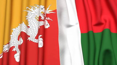 Gerçekçi kumaş dokusuna sahip BHUTAN ve MADAGASCAR bayrakları