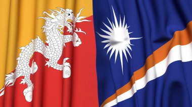 BHUTAN ve MARSHALL Adaları bayrakları gerçekçi kumaş dokusuyla