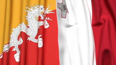 Gerçekçi kumaş dokusuna sahip BHUTAN ve MALTA bayrakları