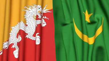 Gerçekçi kumaş dokusuna sahip BHUTAN ve MAURITANIA bayrakları