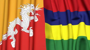 Gerçekçi kumaş dokusuna sahip BHUTAN ve MAURITIUS bayrakları