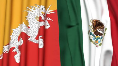 Gerçekçi kumaş dokusuna sahip BHUTAN ve MEXICO bayrakları