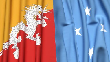 Gerçekçi kumaş dokusuna sahip BHUTAN ve MICRONESIA bayrakları