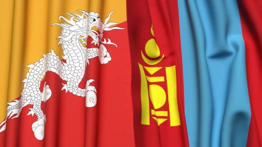 BHUTAN ve Mongol bayrakları gerçekçi kumaş dokusuyla
