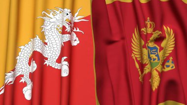 BHUTAN ve MonteneGRO bayrakları gerçekçi kumaş dokusuyla