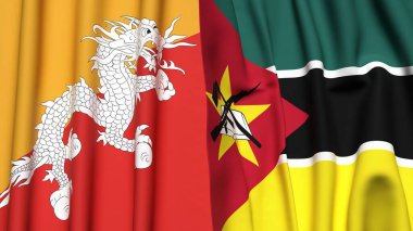 BHUTAN ve MOZAMBIQUE bayrakları gerçekçi kumaş dokusuyla