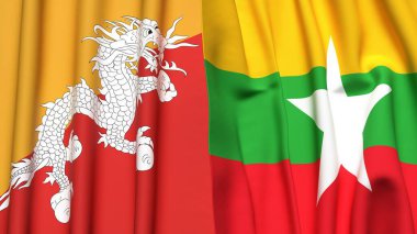 Gerçekçi kumaşlı BHUTAN ve Myanmar bayrakları