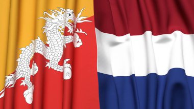 Gerçekçi kumaş dokusuna sahip BHUTAN ve NETHERLANDS bayrakları