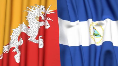 Gerçekçi kumaş dokusuna sahip BHUTAN ve NICARAGUA bayrakları
