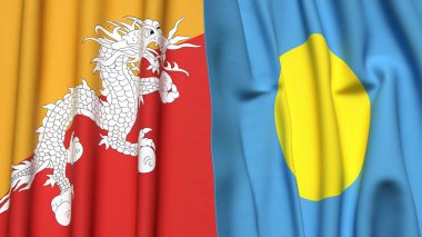 Gerçekçi kumaş dokusuna sahip BHUTAN ve PALAU bayrakları