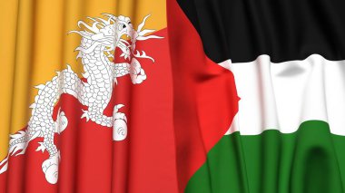 BHUTAN ve Filistin 4k bayrakları gerçekçi kumaş dokusuyla