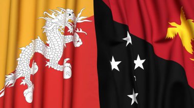 BHUTAN ve PAPUA YENİ GİNEA bayrakları gerçekçi kumaş dokusuyla