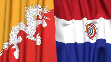 Gerçekçi kumaş dokusuna sahip BHUTAN ve PARAGUAY bayrakları