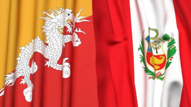 Gerçekçi kumaşlı BHUTAN ve Peru bayrakları