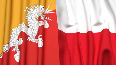 Gerçekçi kumaş dokusuna sahip BHUTAN ve POLAND bayrakları
