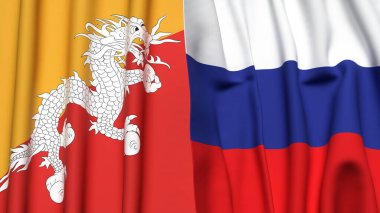 Gerçekçi kumaş dokusuna sahip BHUTAN ve RUSSIA bayrakları