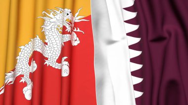 Gerçekçi kumaş dokusuna sahip BHUTAN ve Katar bayrakları