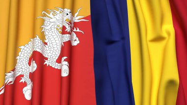 Gerçekçi kumaş dokusuna sahip BHUTAN ve ROMANIA bayrakları