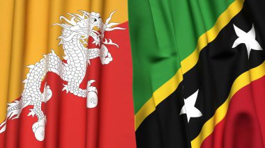 Gerçekçi kumaşlı BHUTAN ve Aziz Kitts bayrakları