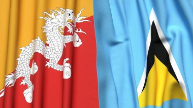BHUTAN ve SAINT LUCIA bayrakları gerçekçi kumaş dokusuyla