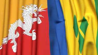BHUTAN ve SAINT Bayrakları Gerçekçi kumaş dokusuna sahip