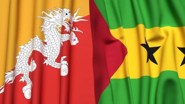 BHUTAN ve SAO TOME bayrakları gerçekçi kumaş dokusuyla