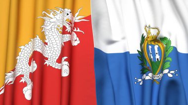Gerçekçi kumaş dokusuna sahip BHUTAN ve SAN MARINO bayrakları