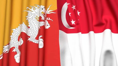 BHUTAN ve SINGAPORE bayrakları gerçekçi kumaş dokusuyla