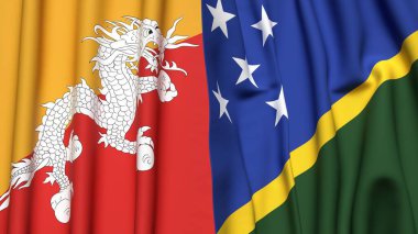 BHUTAN ve SOLOMON Adaları bayrakları gerçekçi kumaş dokusuyla