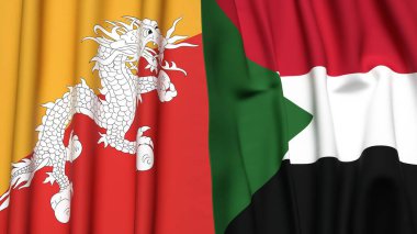 Gerçekçi kumaş dokusuna sahip BHUTAN ve SUDAN bayrakları