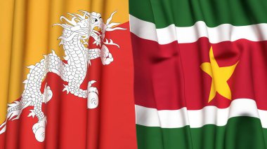 Gerçekçi kumaş dokusuna sahip BHUTAN ve SURINAME bayrakları