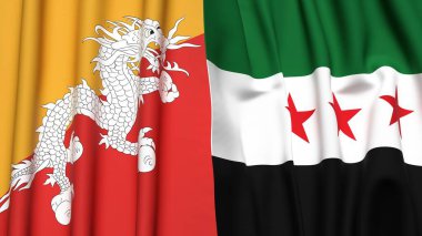 Gerçekçi kumaş dokusuna sahip BHUTAN ve SYRIA bayrakları
