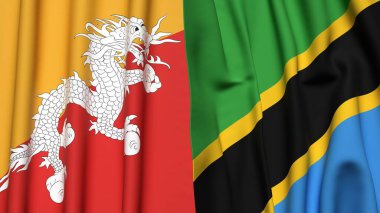 Gerçekçi kumaş dokusuna sahip BHUTAN ve TANZANIA bayrakları