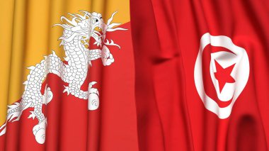 Gerçekçi kumaş dokusuna sahip BHUTAN ve TUNISIA bayrakları