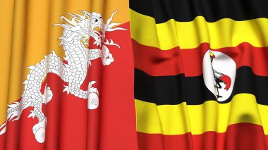 Gerçekçi kumaş dokusuna sahip BHUTAN ve UGANDA bayrakları