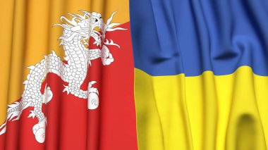 Gerçekçi kumaş dokusuna sahip BHUTAN ve UKRAINE bayrakları