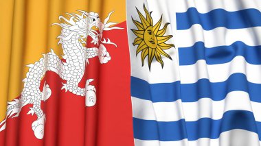 Gerçekçi kumaş desenli BHUTAN ve Uruguay bayrakları