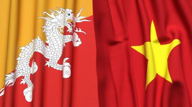 Gerçekçi kumaş dokusuna sahip BHUTAN ve VİETNAM bayrakları