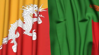 Gerçekçi kumaş dokusuna sahip BHUTAN ve ZAMBIA bayrakları