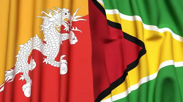 Gerçekçi kumaş dokusuna sahip BHUTAN ve GUYANA bayrakları