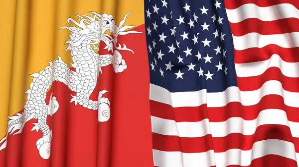 Gerçekçi kumaşlı BHUTAN ve ABD bayrakları